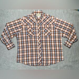 Wrangler Shirt Pearl Snap Button Down Mens L Western Long Sleeve Plaid Orange